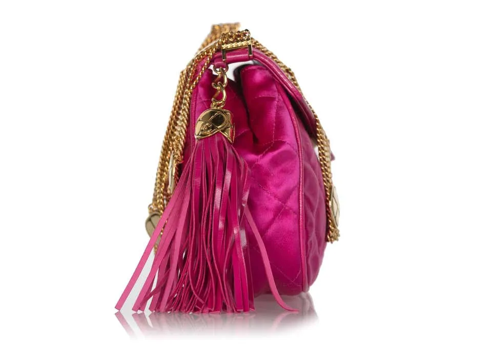 1990s Chanel Pink Quilted Satin Leather Gold Chain Tassel Shoulder Bag