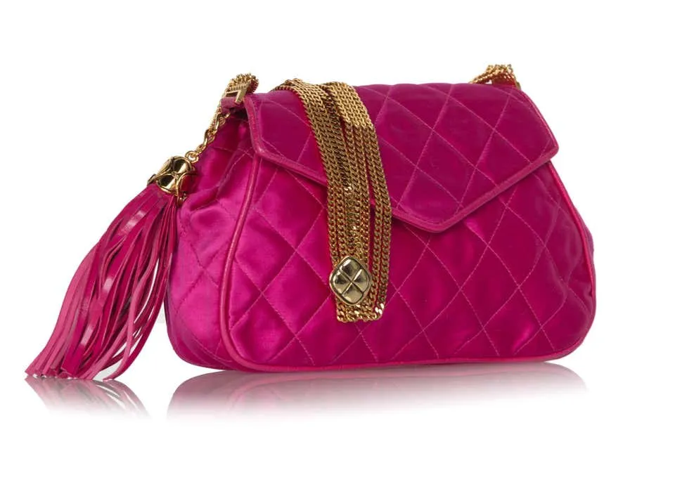 1990s Chanel Pink Quilted Satin Leather Gold Chain Tassel Shoulder Bag