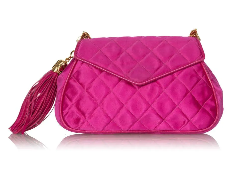 1990s Chanel Pink Quilted Satin Leather Gold Chain Tassel Shoulder Bag