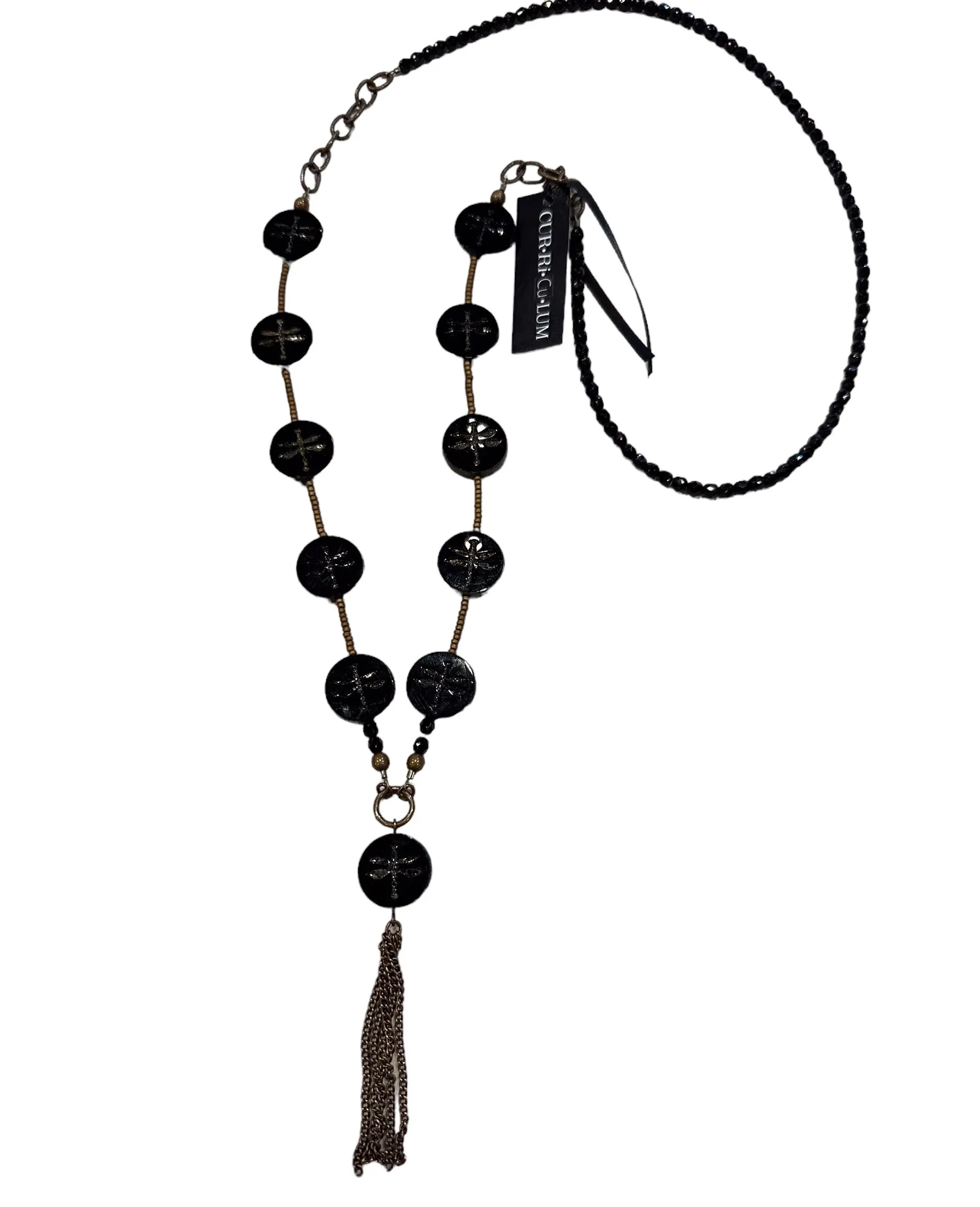 32" Black Dragonfly Necklace with Seed Beads and Chain Tassel--Czech Glass Beads