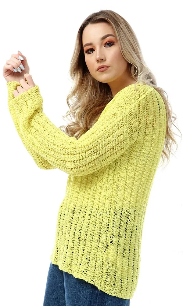 55325 Round Knitted Yellow Full Sleeves Pullover