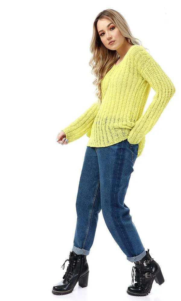 55325 Round Knitted Yellow Full Sleeves Pullover