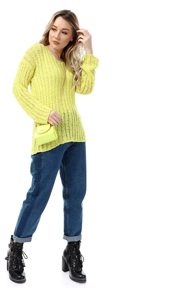 55325 Round Knitted Yellow Full Sleeves Pullover