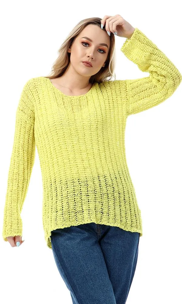 55325 Round Knitted Yellow Full Sleeves Pullover