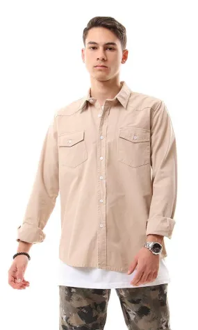 56013 Front Patch Pockets Beige Long Sleeve Shirt