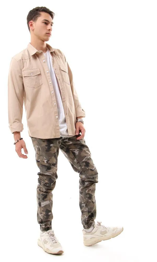 56013 Front Patch Pockets Beige Long Sleeve Shirt