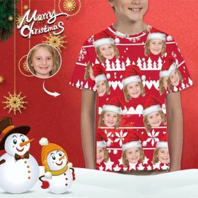 #6-15Y Custom Face Merry Christmas Snowflake Happy Time Kid's All Over Print T-shirt