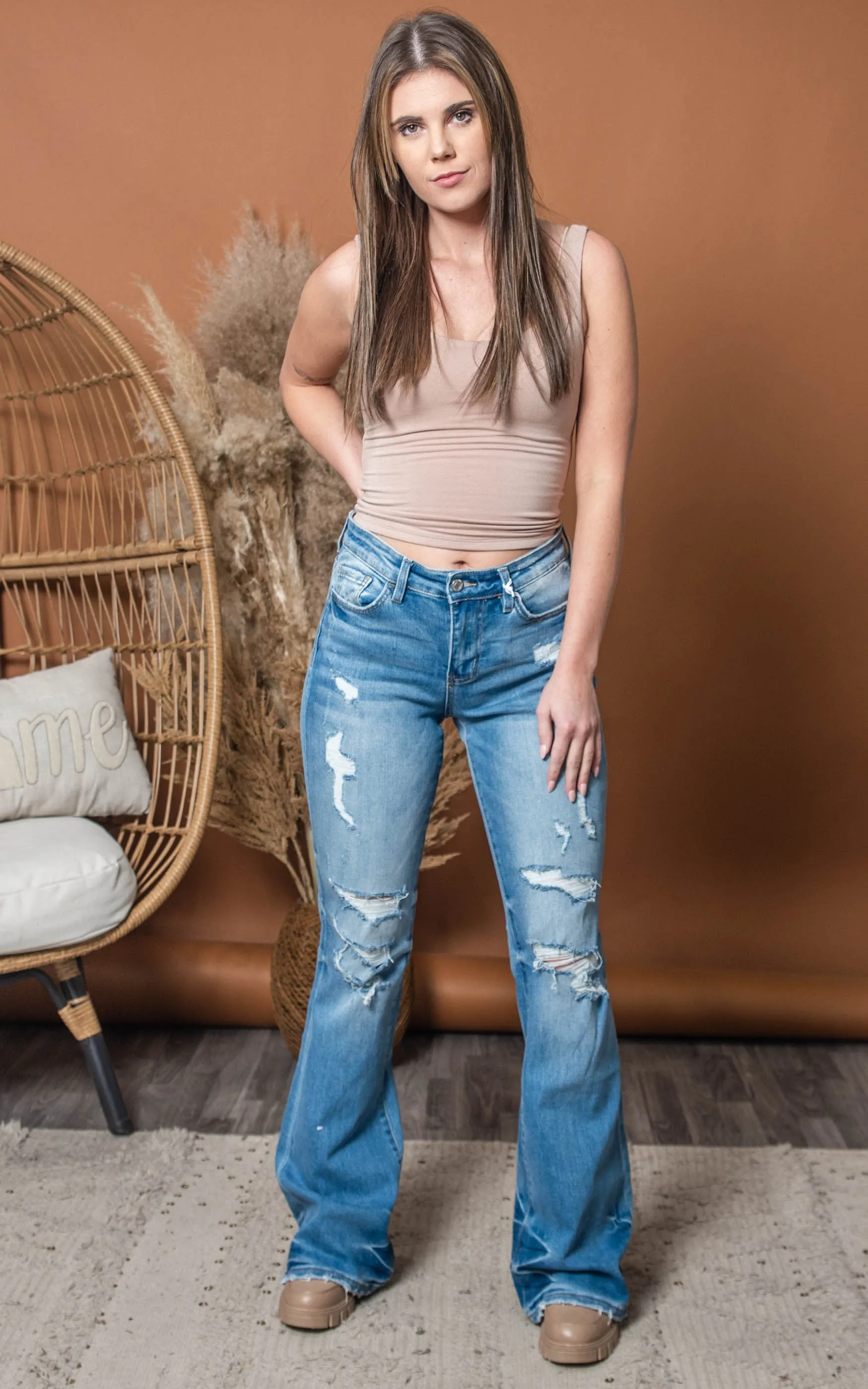 Alison Distressed Mid Rise Flare Jeans - Vervet - Final Sale