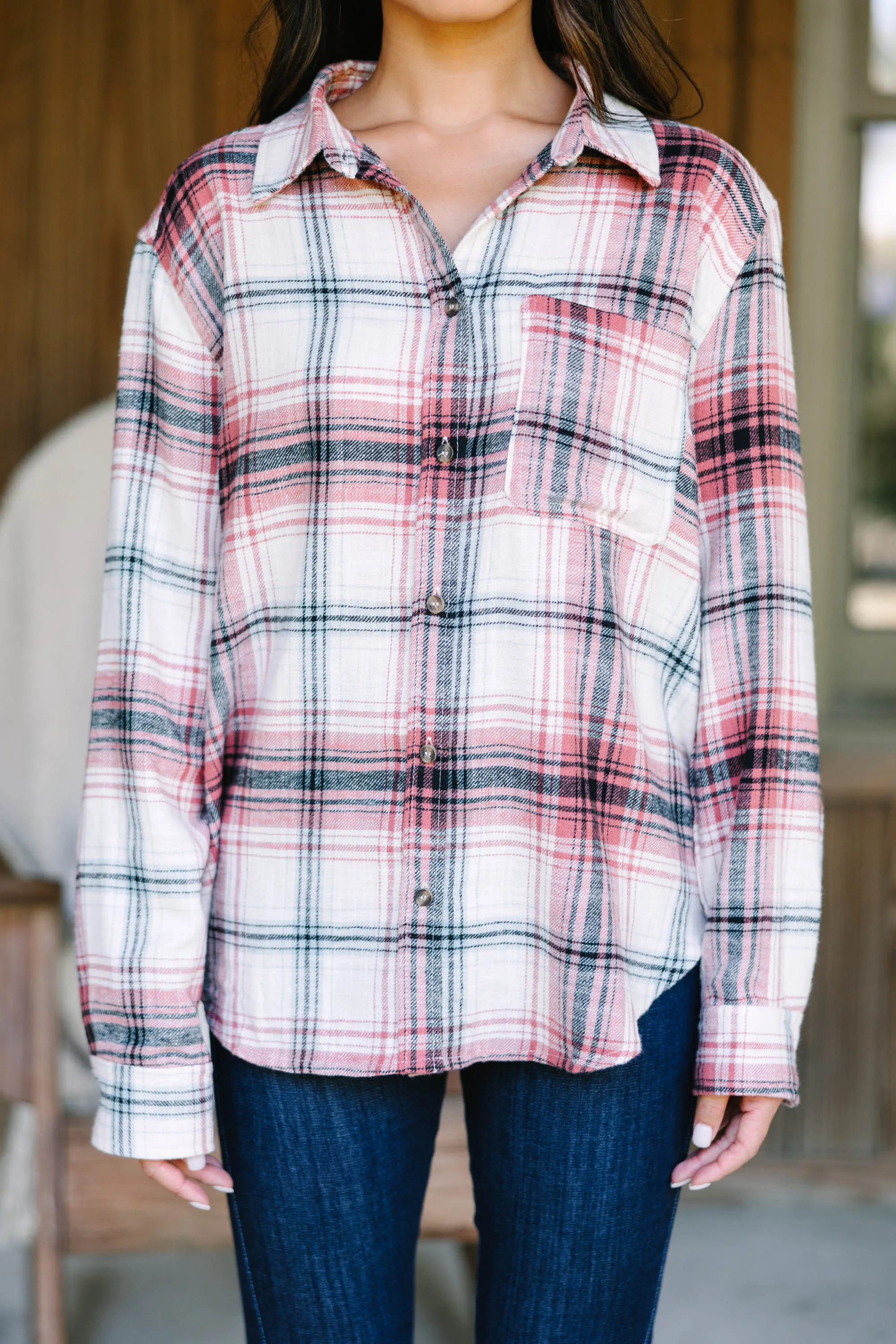 All Figured Out Terracotta Pink Plaid Button Down Top