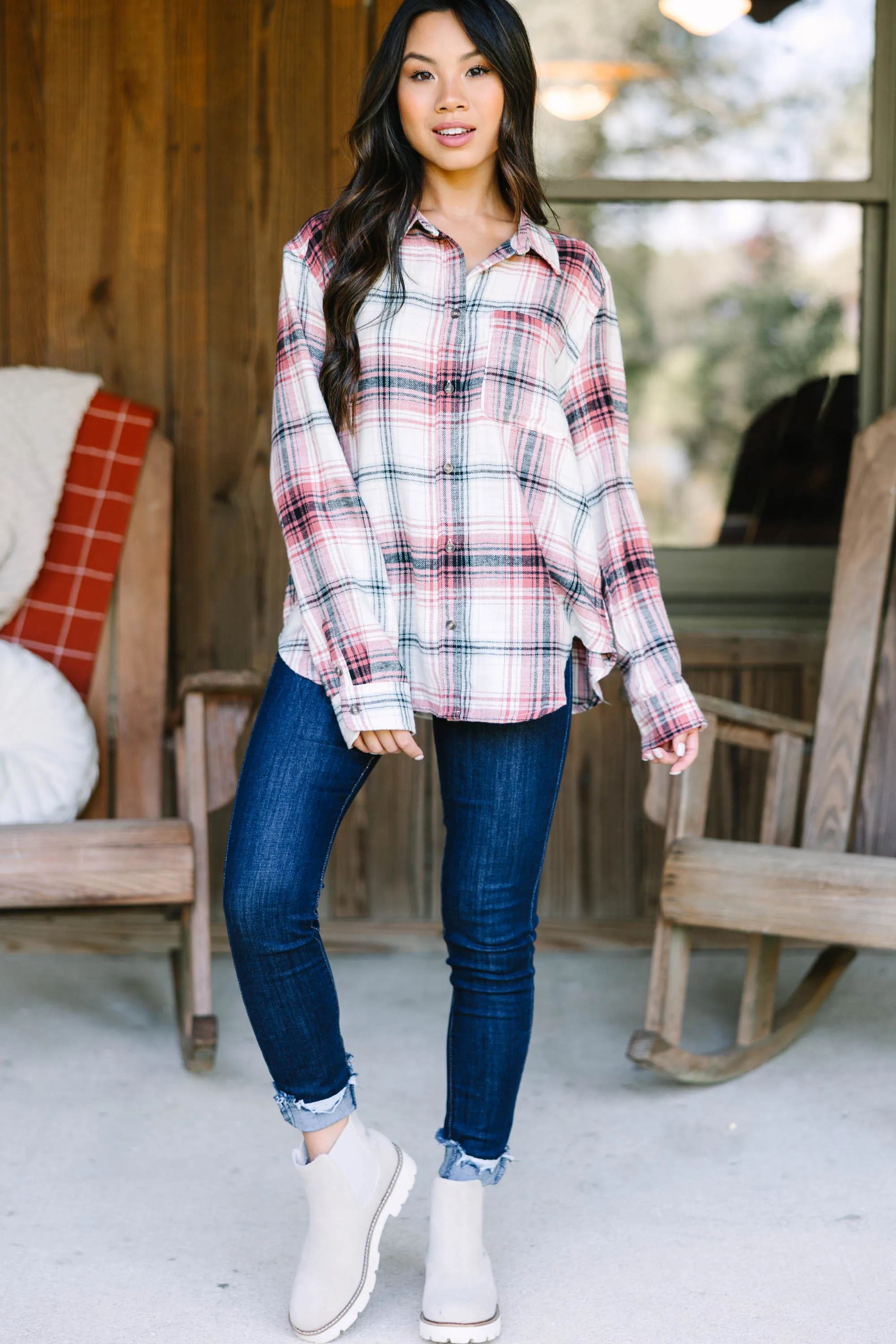 All Figured Out Terracotta Pink Plaid Button Down Top