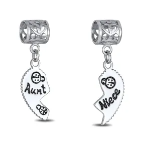 Aunt Niece Puzzle 2PC Split Heart Dangle Bead Charm Sterling Silver