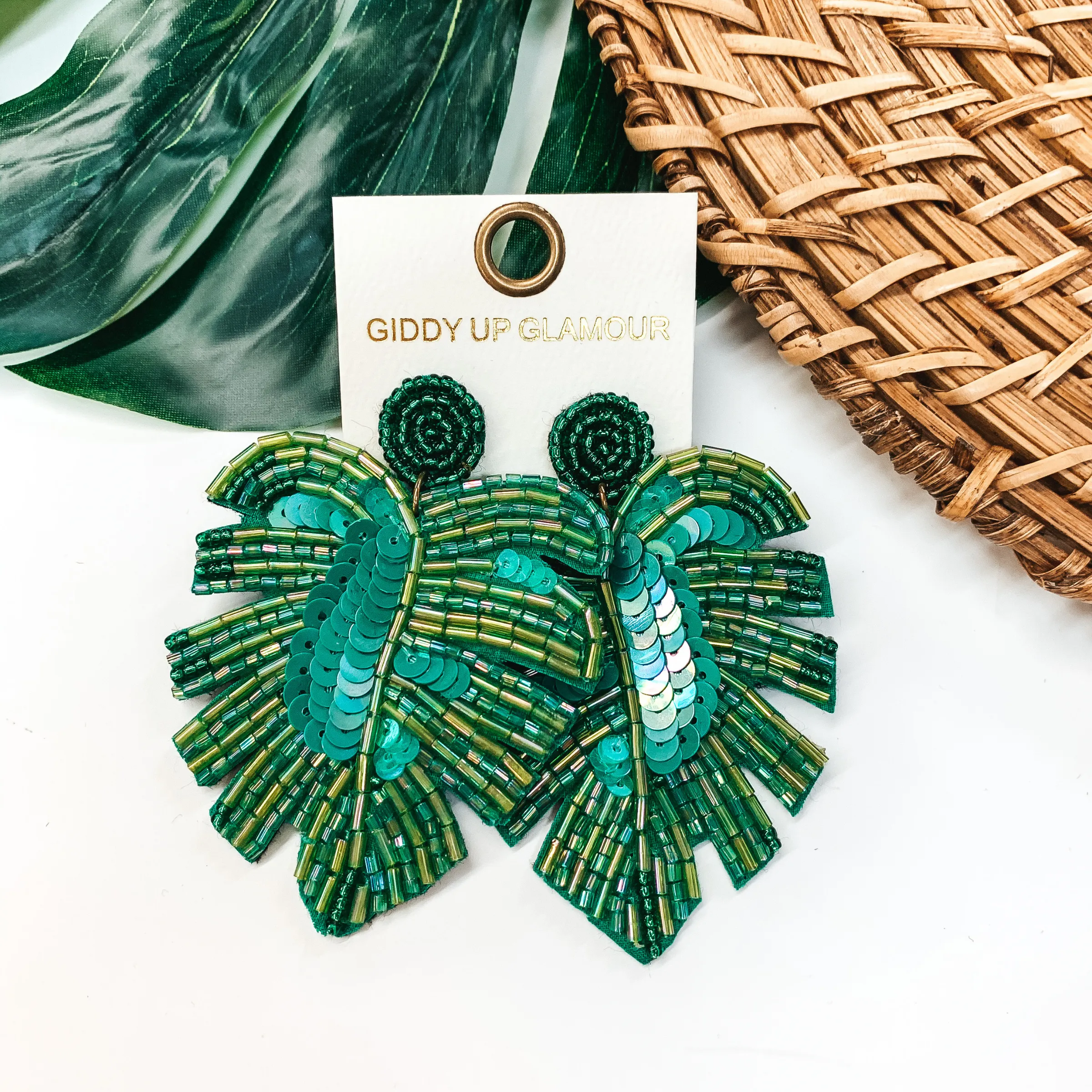 Beaded Palm Leaf Statement Earrings in Green