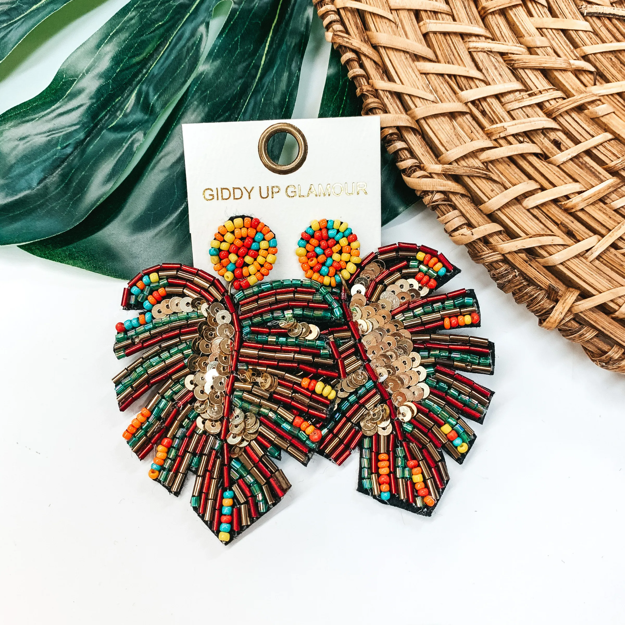 Beaded Palm Leaf Statement Earrings in Multi