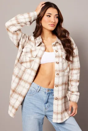 Beige Check Relaxed Shirt Long Sleeve Shacket