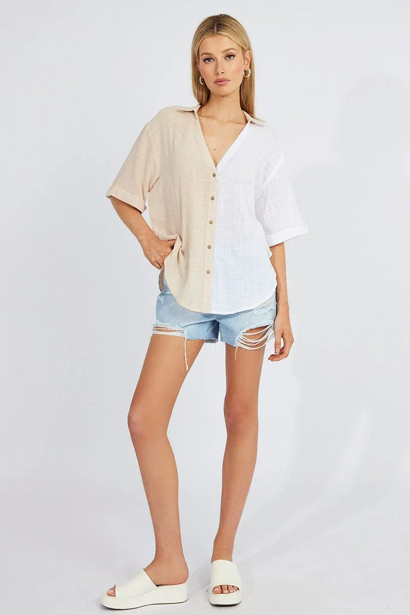 Beige Cotton Half Sleeve Relaxed Colour Block Shirt