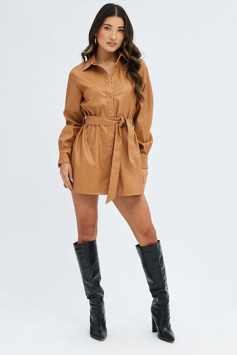 Beige Faux Leather Dress Long Sleeve Collared Belted PU