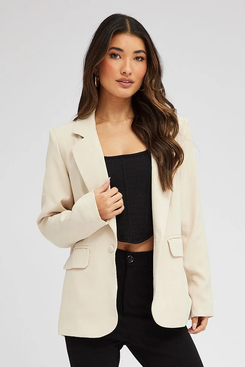 Beige Jacket Long Sleeve Collar Neck