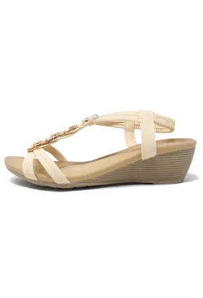 Beige Mid Wedge T Strap Sandal