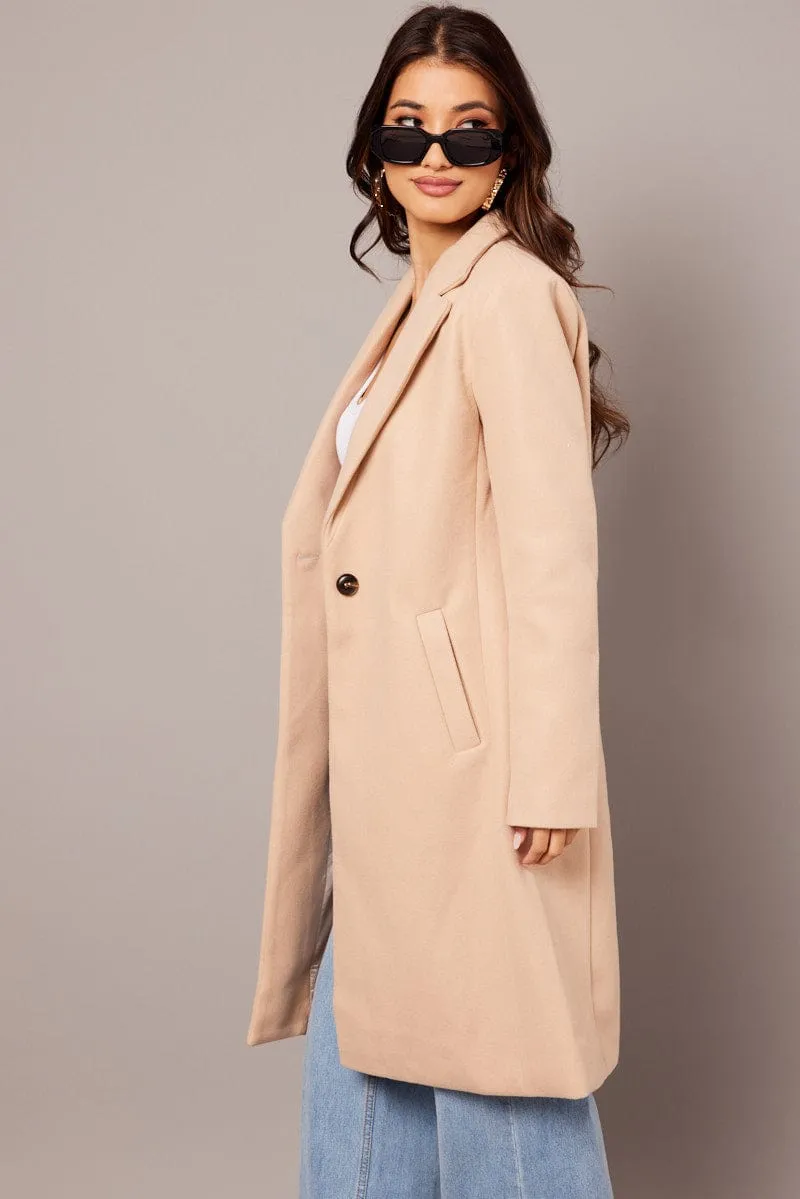 Beige One Button Coat Knee Length