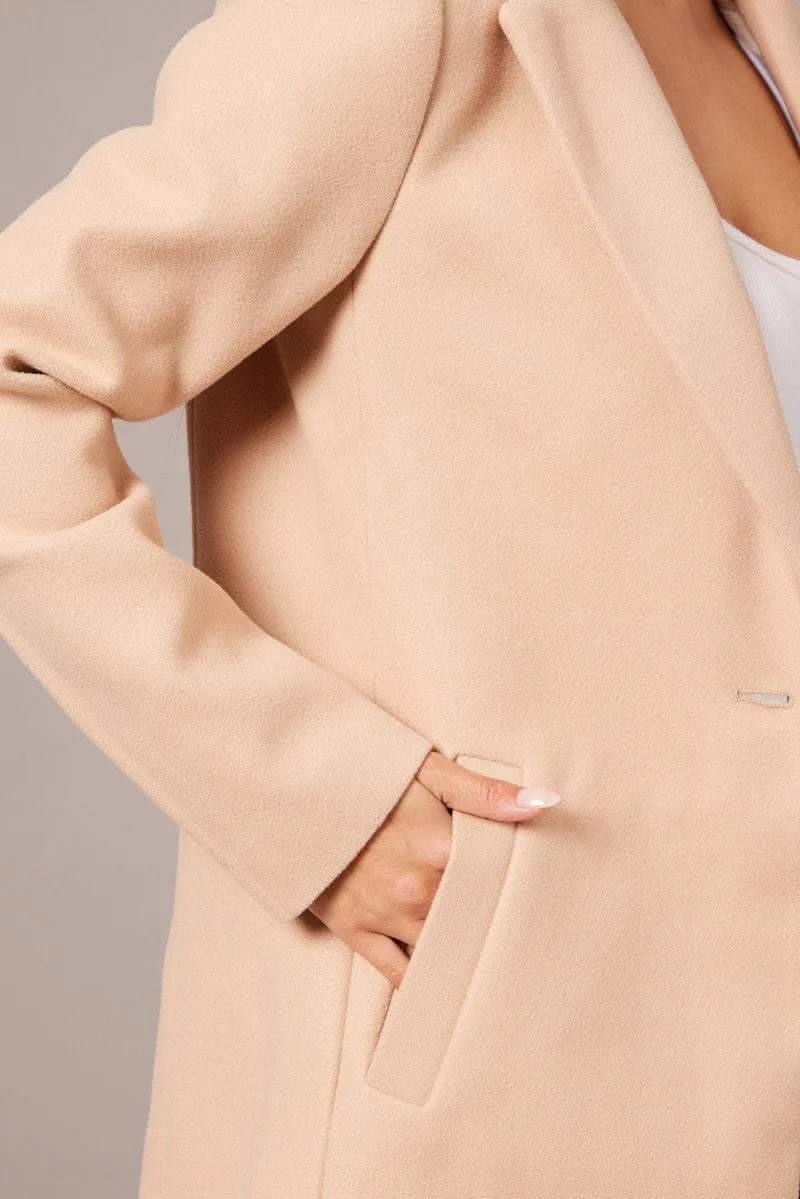 Beige One Button Coat Knee Length