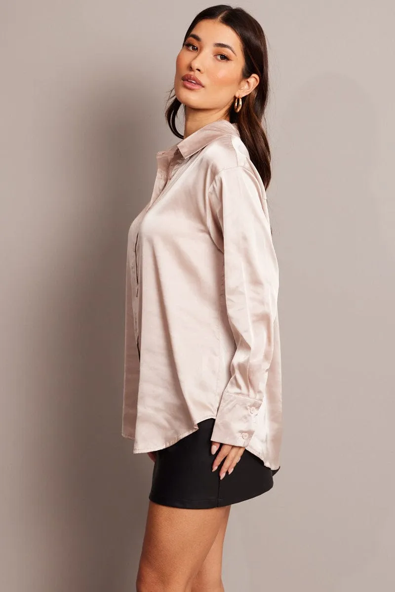 Beige Satin Shirt Long Sleeve