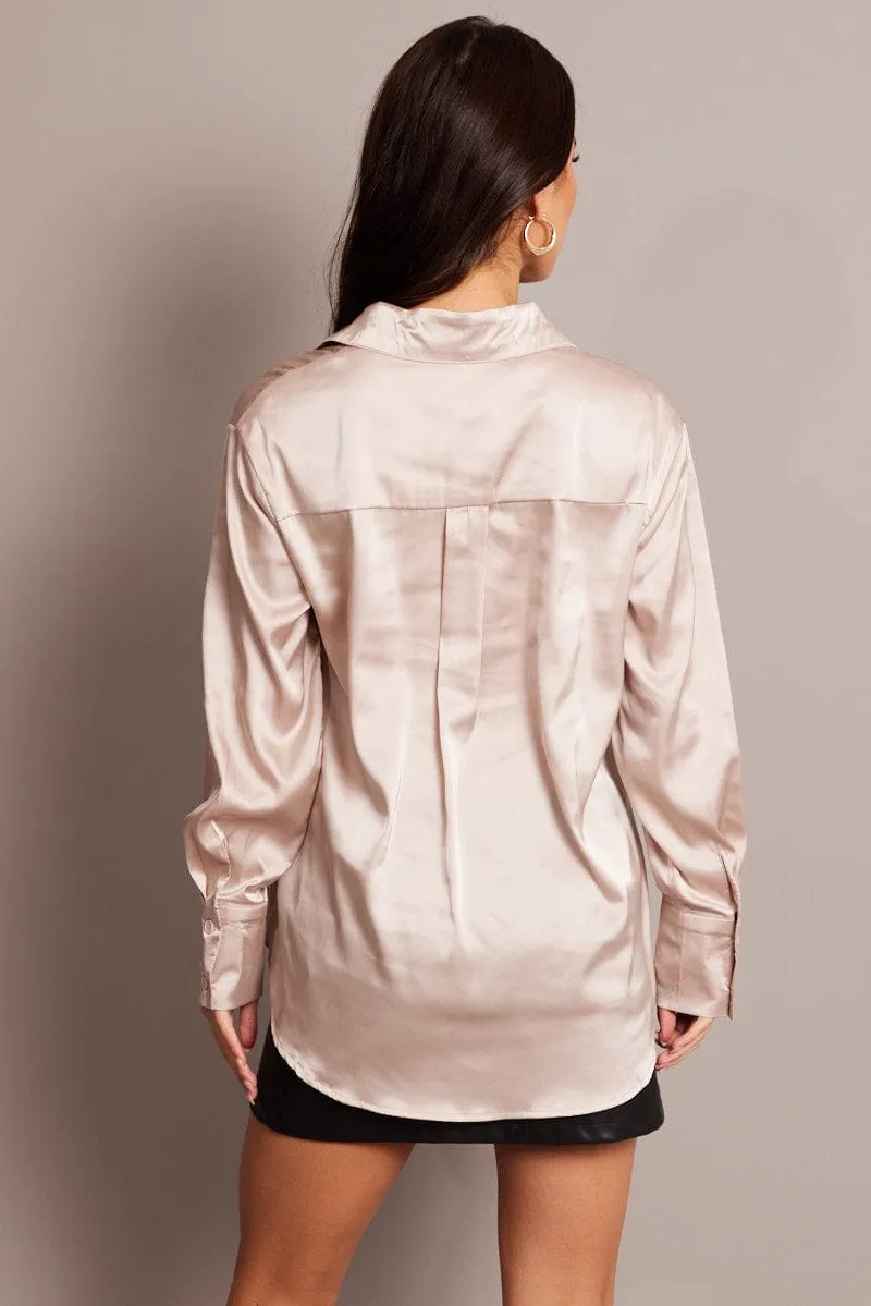 Beige Satin Shirt Long Sleeve