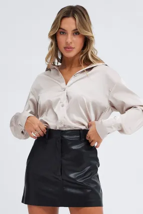 Beige Shirt Long Sleeve Collared Longline Satin