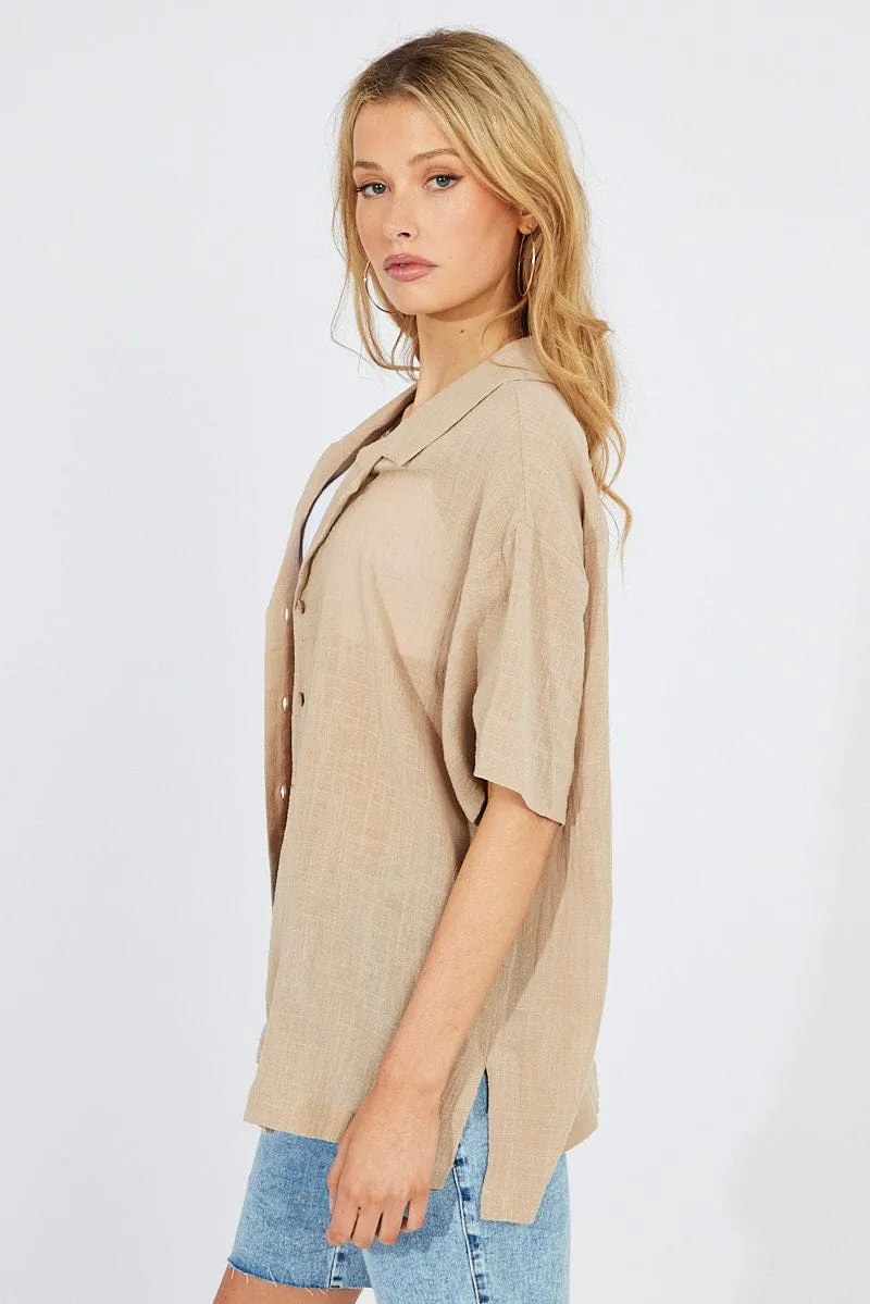 Beige Shirt Short Sleeve Collared Neck