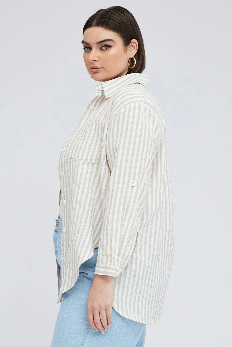 Beige Stripe Relaxed Shirt Long Sleeve Button Up