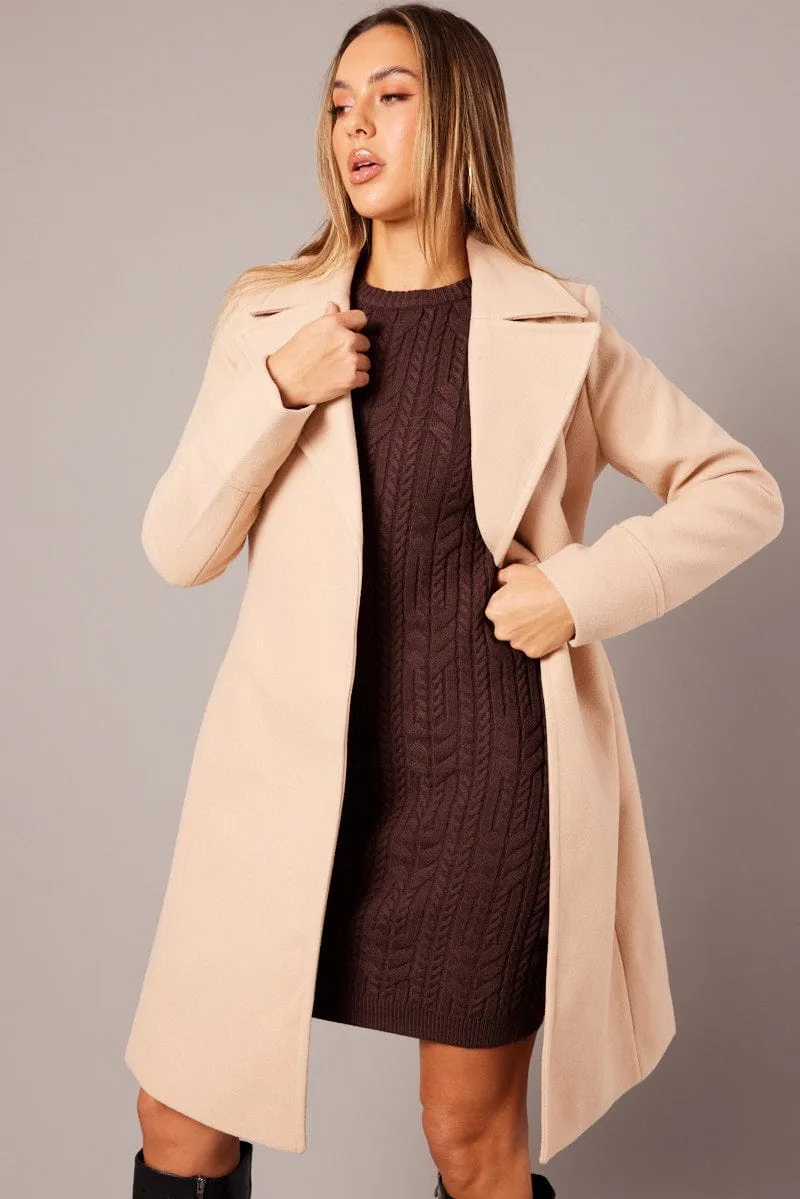 Beige Tie Front Coat Knee Length