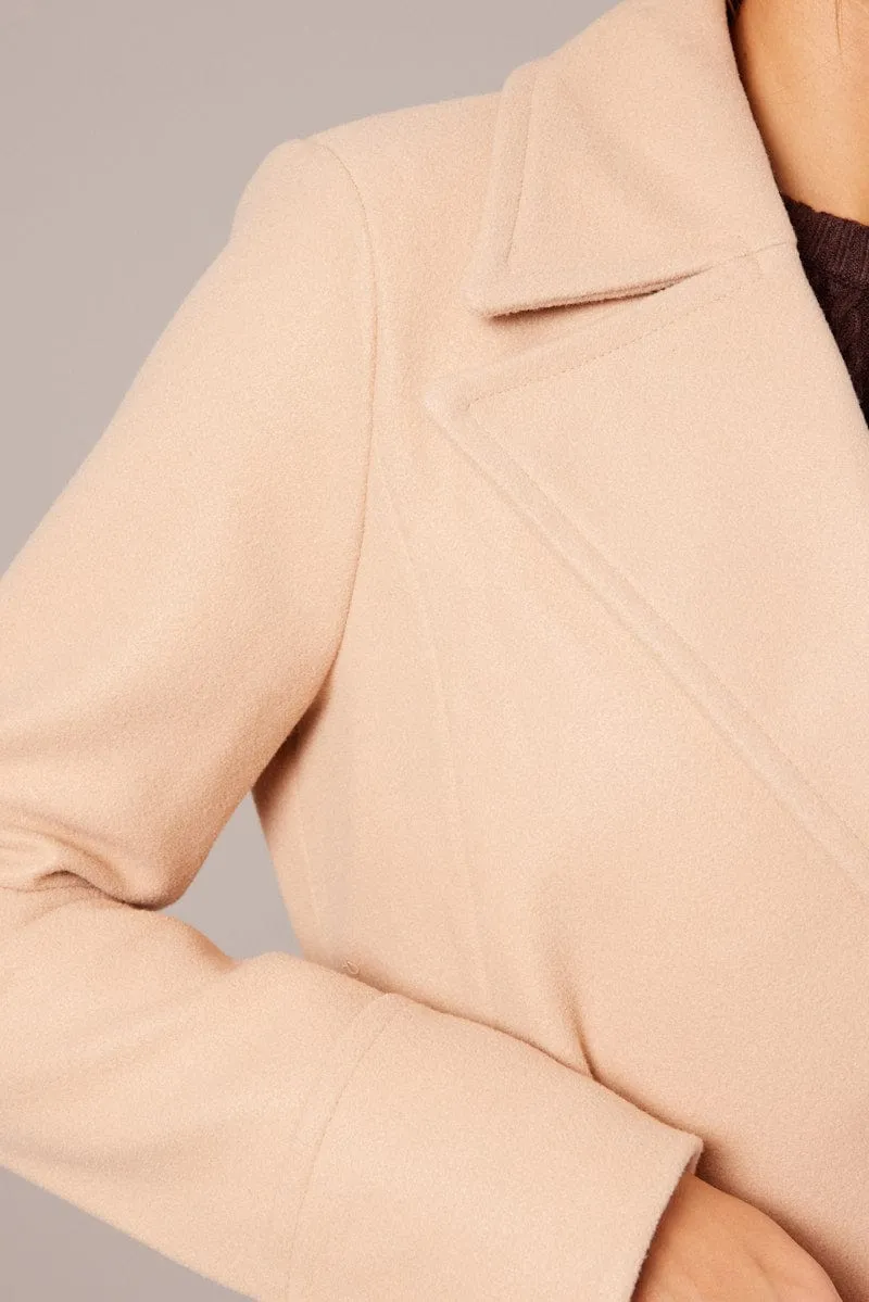 Beige Tie Front Coat Knee Length