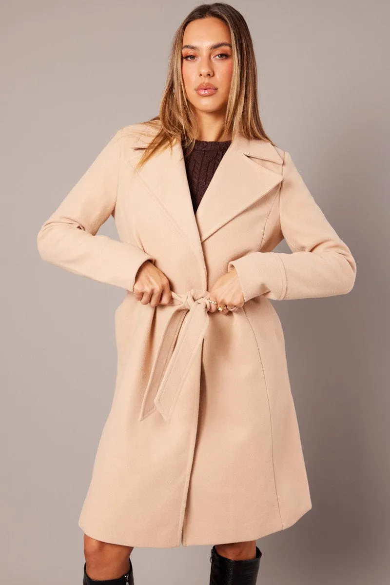 Beige Tie Front Coat Knee Length