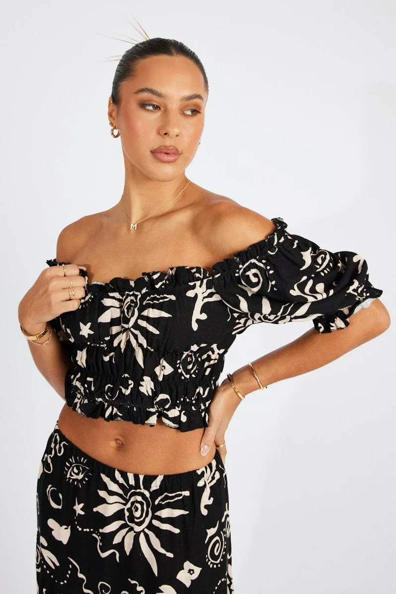 Black Abstract Crop Top Short Sleeve Linen