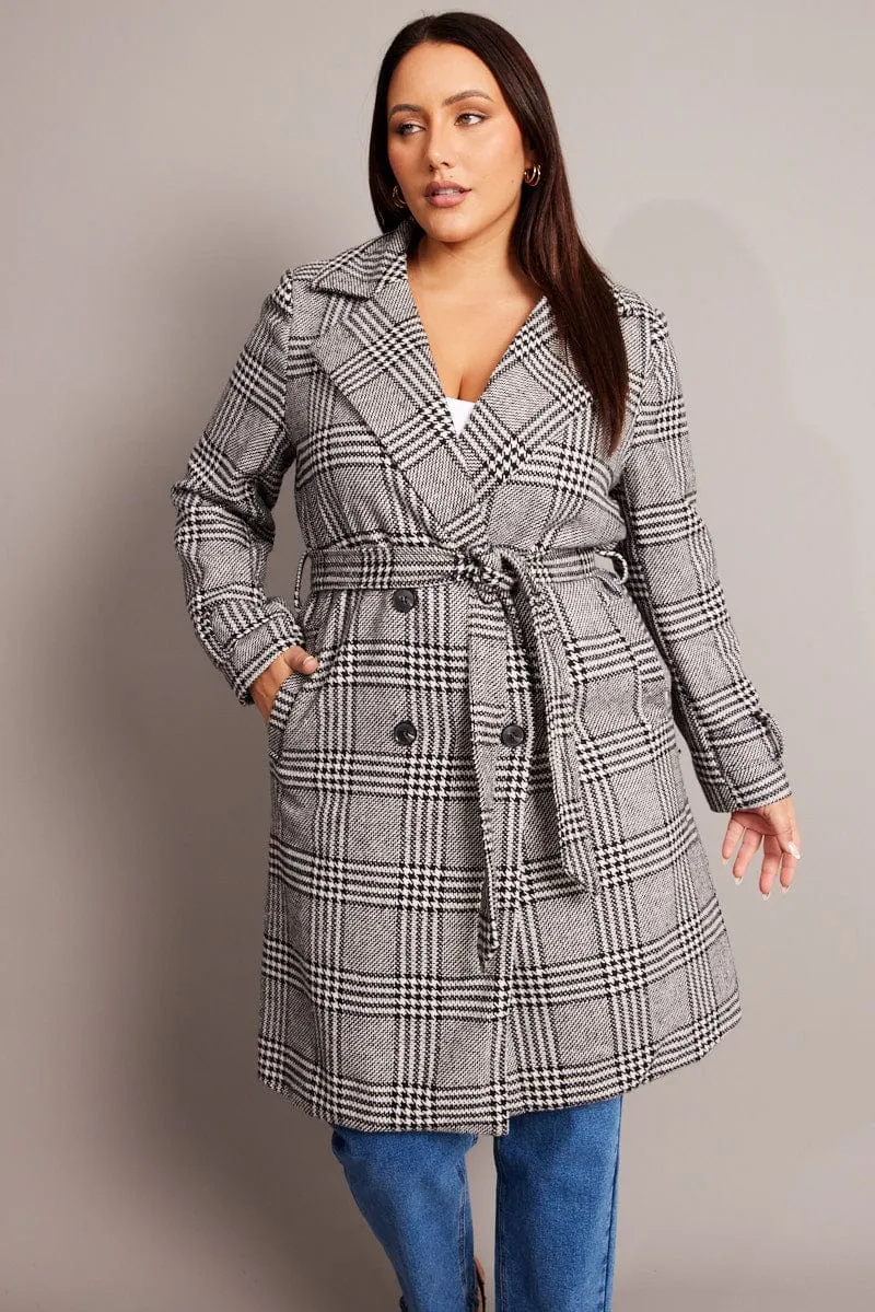 Black Check Coat With Belt