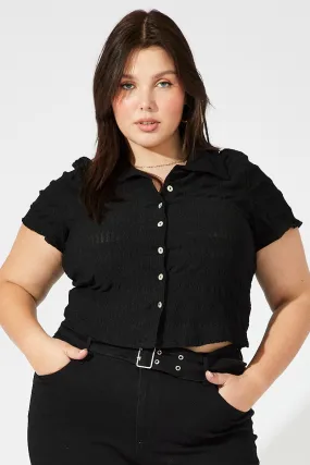 Black Collared Top Short Sleeve Textured