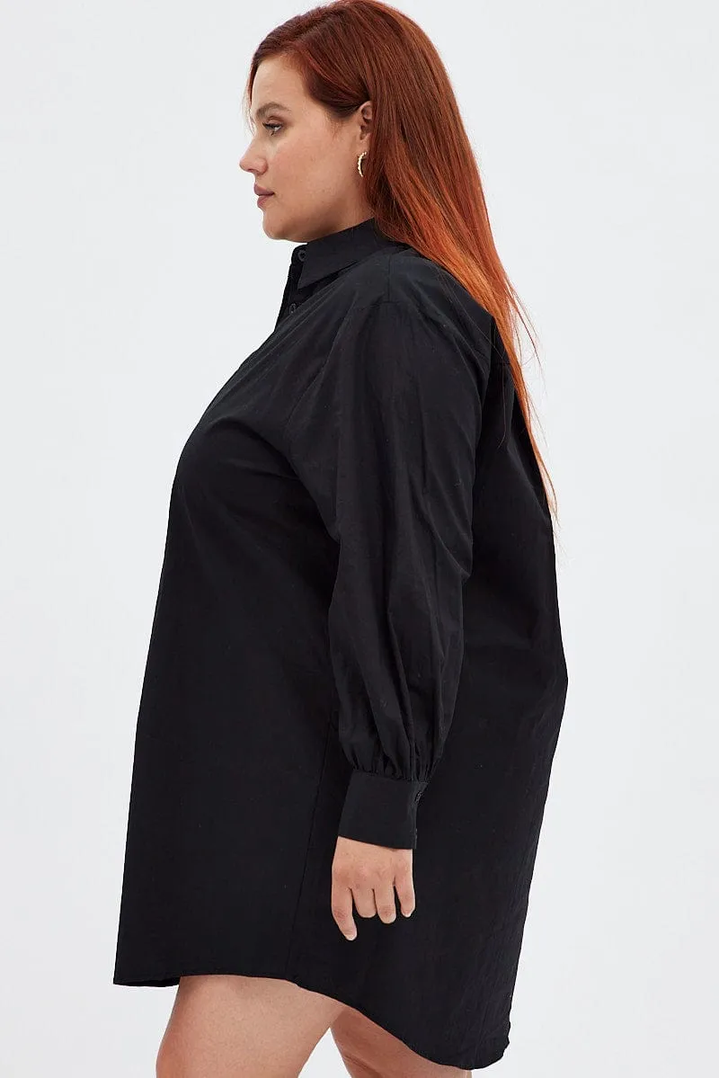 Black Cotton Shirtdress Oversized Long Sleeve