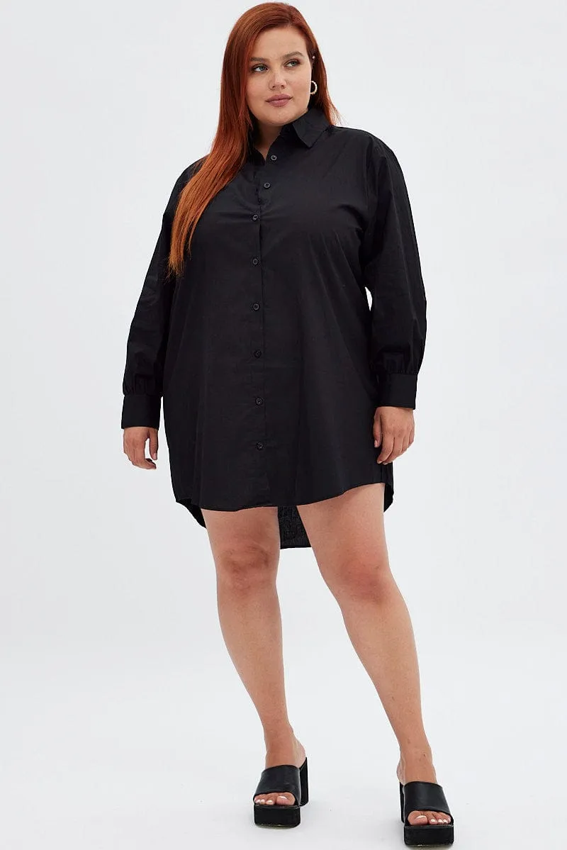 Black Cotton Shirtdress Oversized Long Sleeve