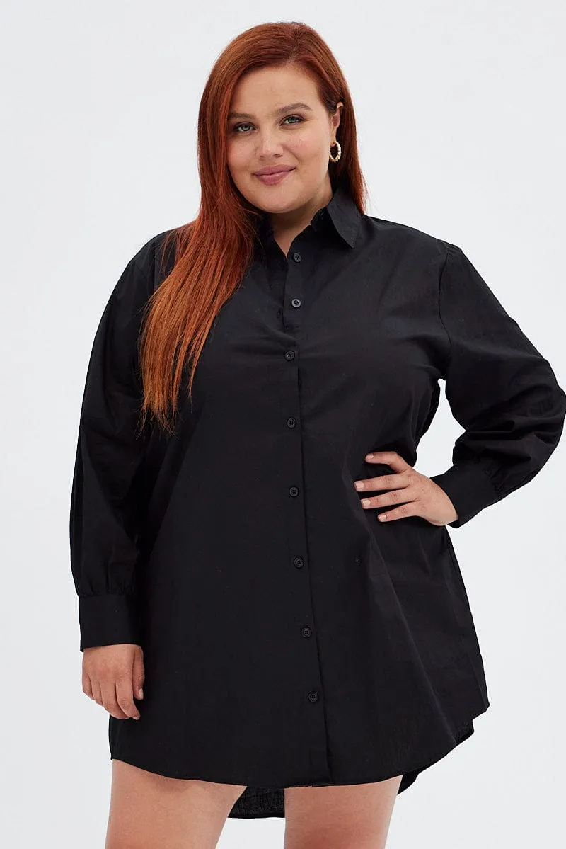 Black Cotton Shirtdress Oversized Long Sleeve