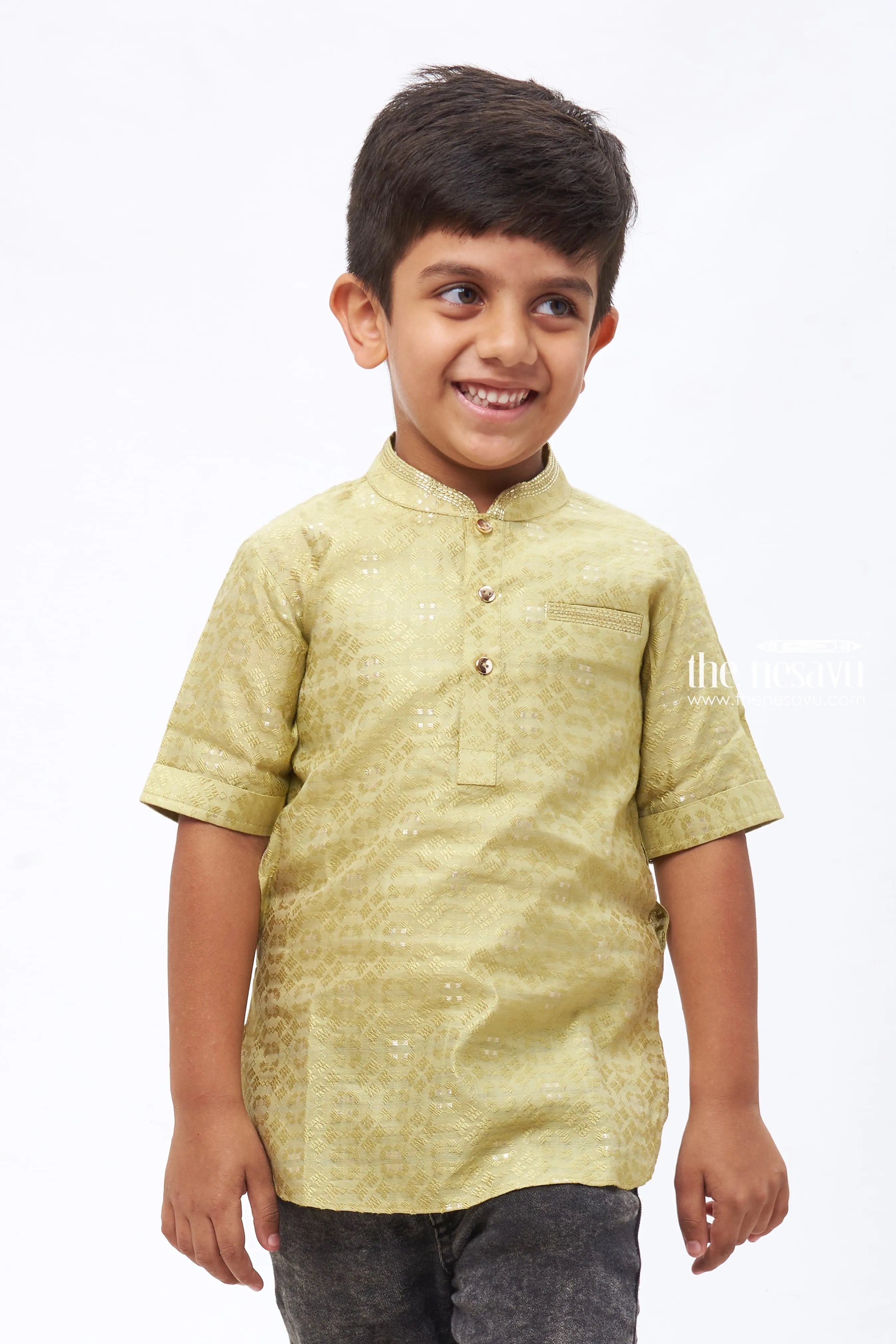 Boys Green Geometric Print Traditional Kurta Shirt