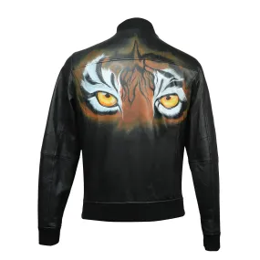 Brune & Bareskin Men's Rib Collar zipper Handmade Lion Logo Printed  Black Leather  Jacket