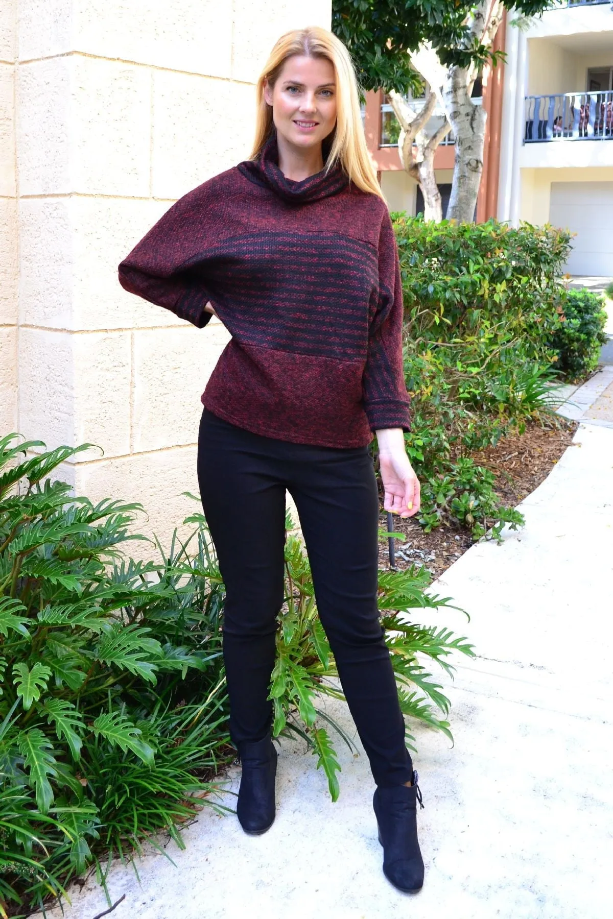 Burgundy Batwing Rolled Neck Stripe Tunic Jumper