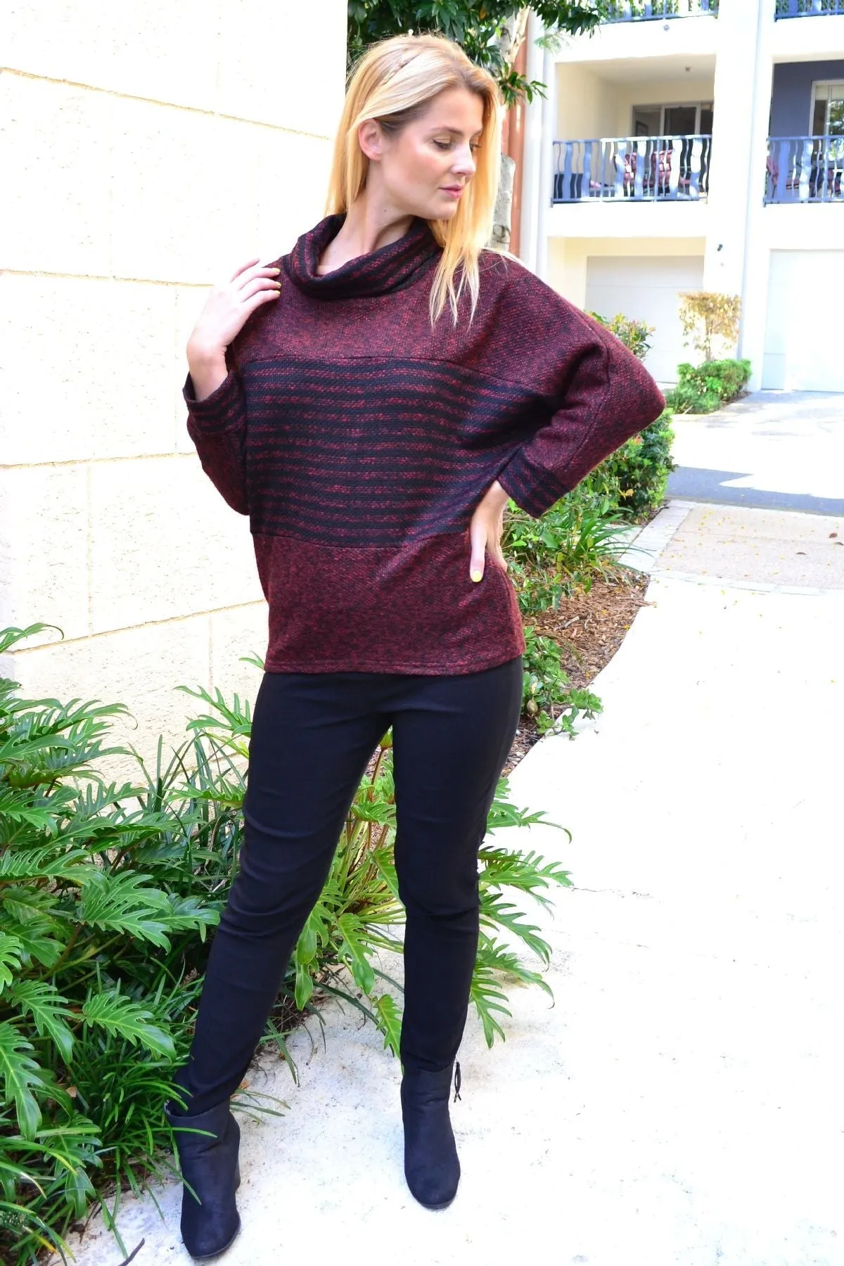 Burgundy Batwing Rolled Neck Stripe Tunic Jumper