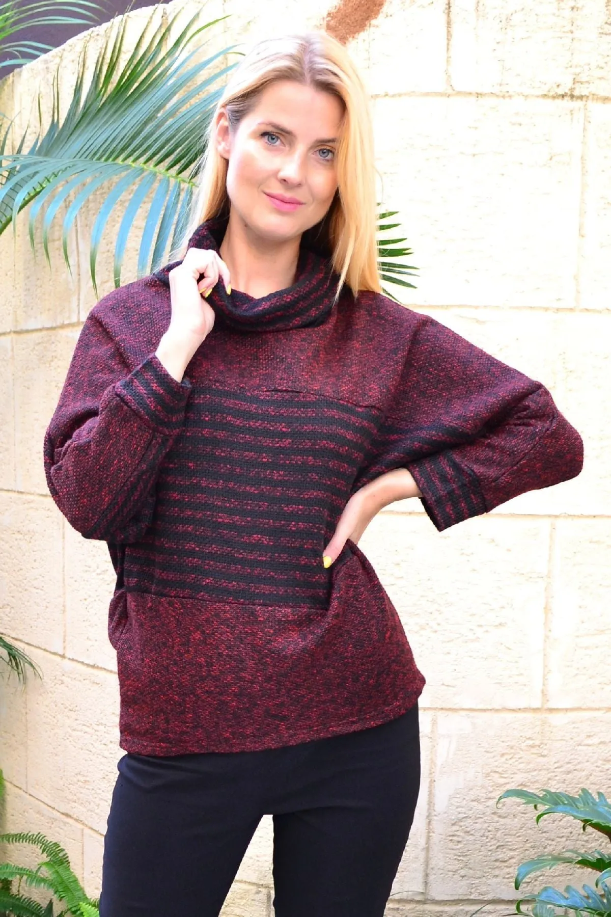 Burgundy Batwing Rolled Neck Stripe Tunic Jumper