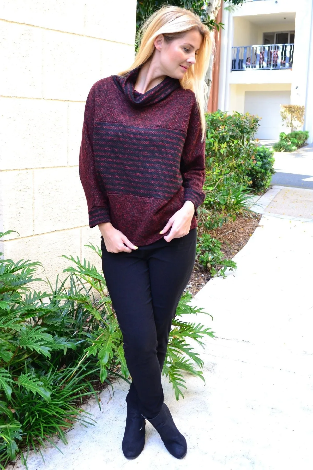 Burgundy Batwing Rolled Neck Stripe Tunic Jumper