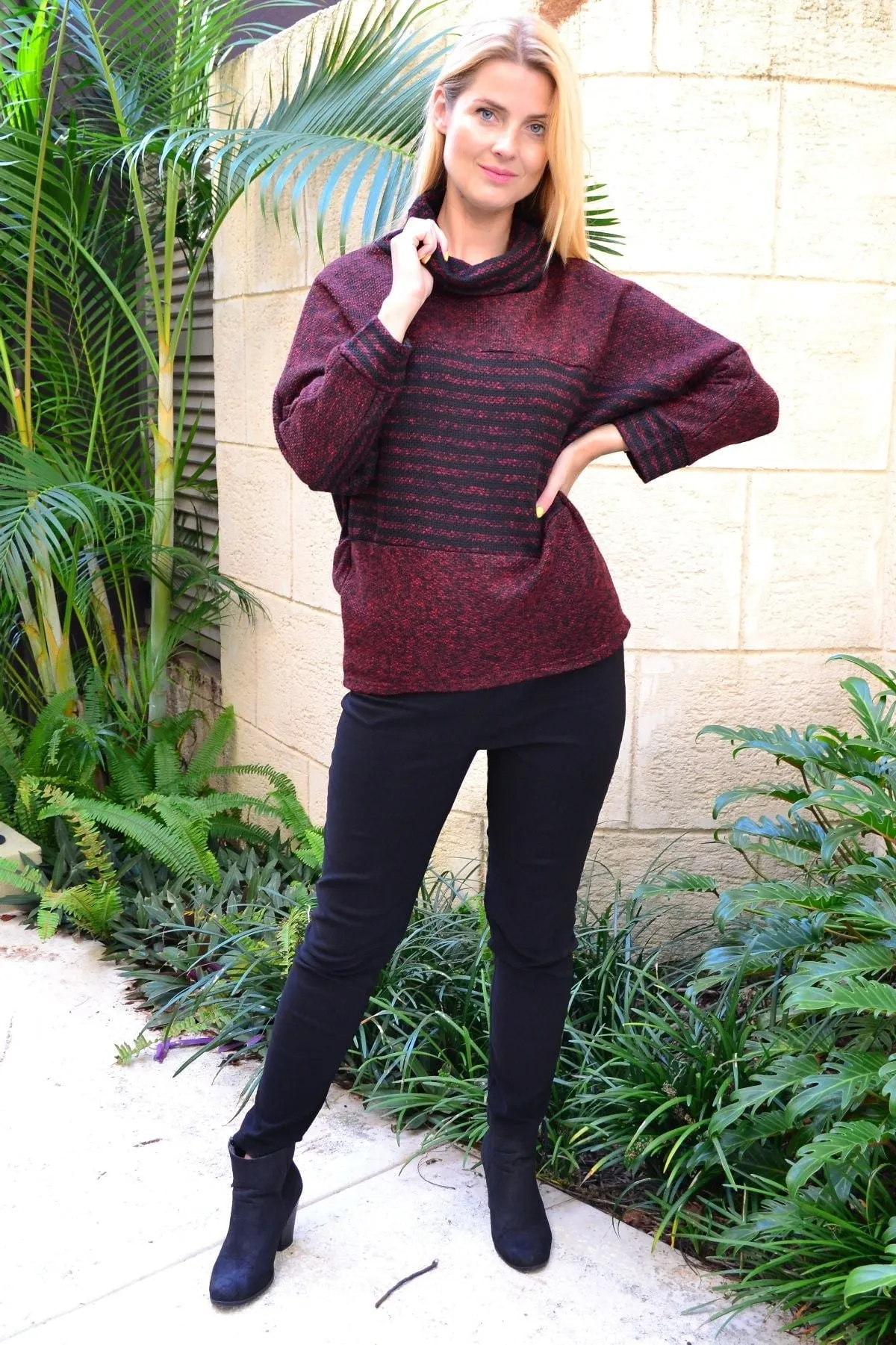 Burgundy Batwing Rolled Neck Stripe Tunic Jumper