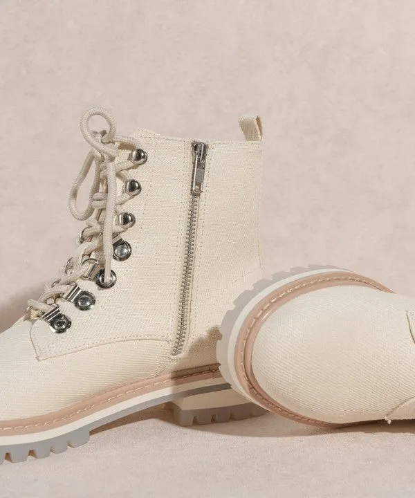 Camilla Linen Combat Boot - Beige