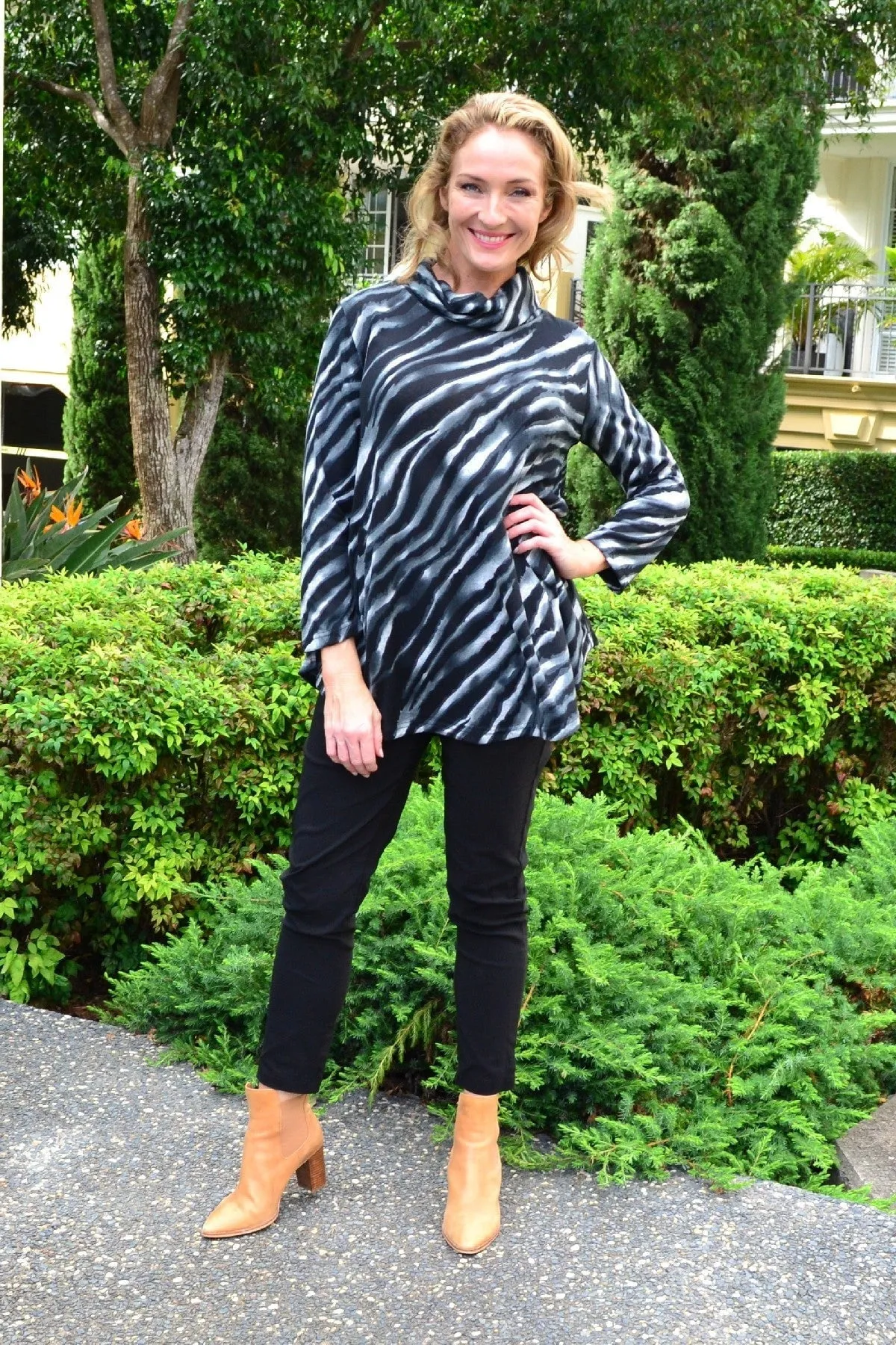 Charcoal Rolled Neck Zebra Tunic Top