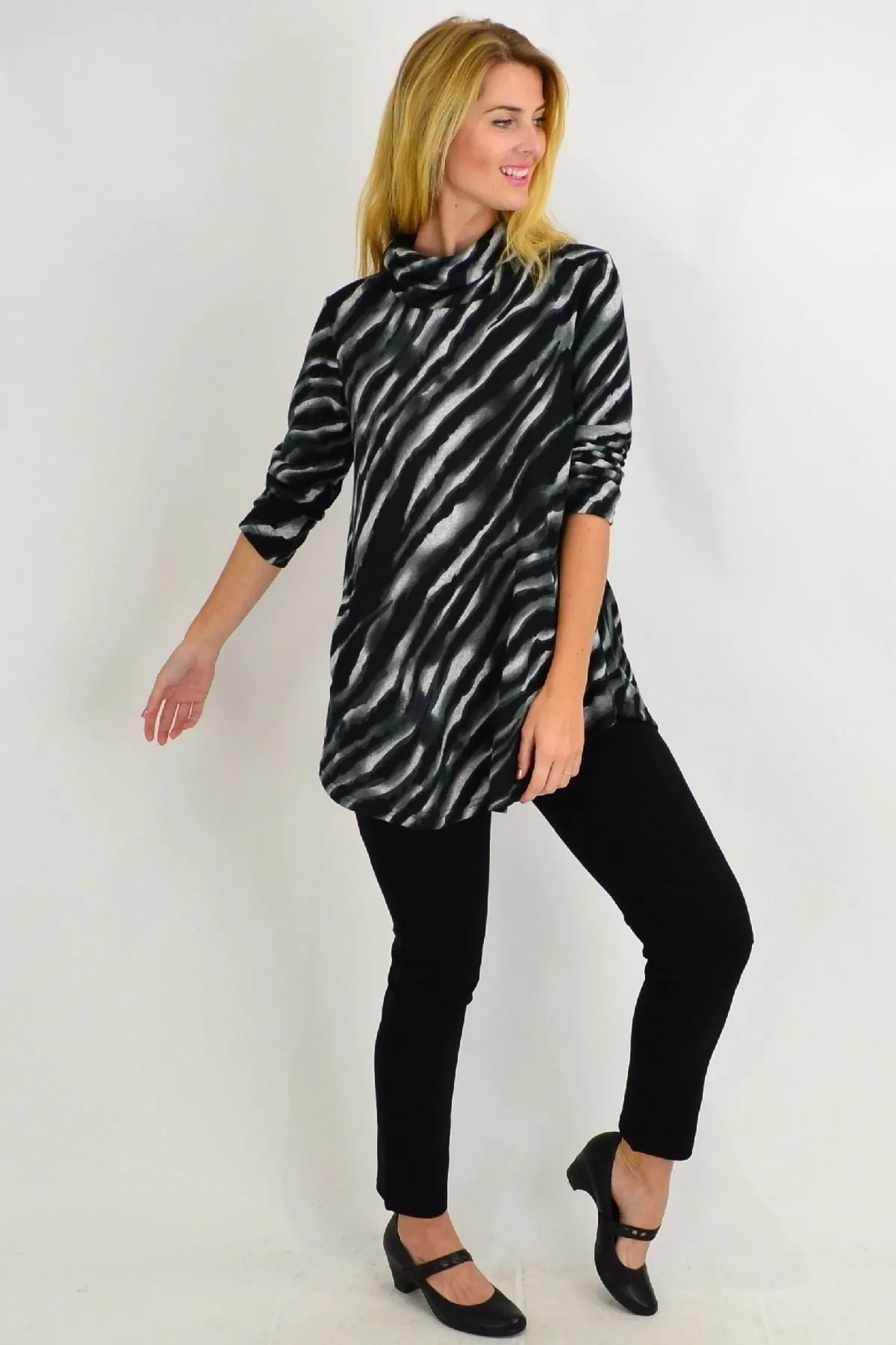 Charcoal Rolled Neck Zebra Tunic Top