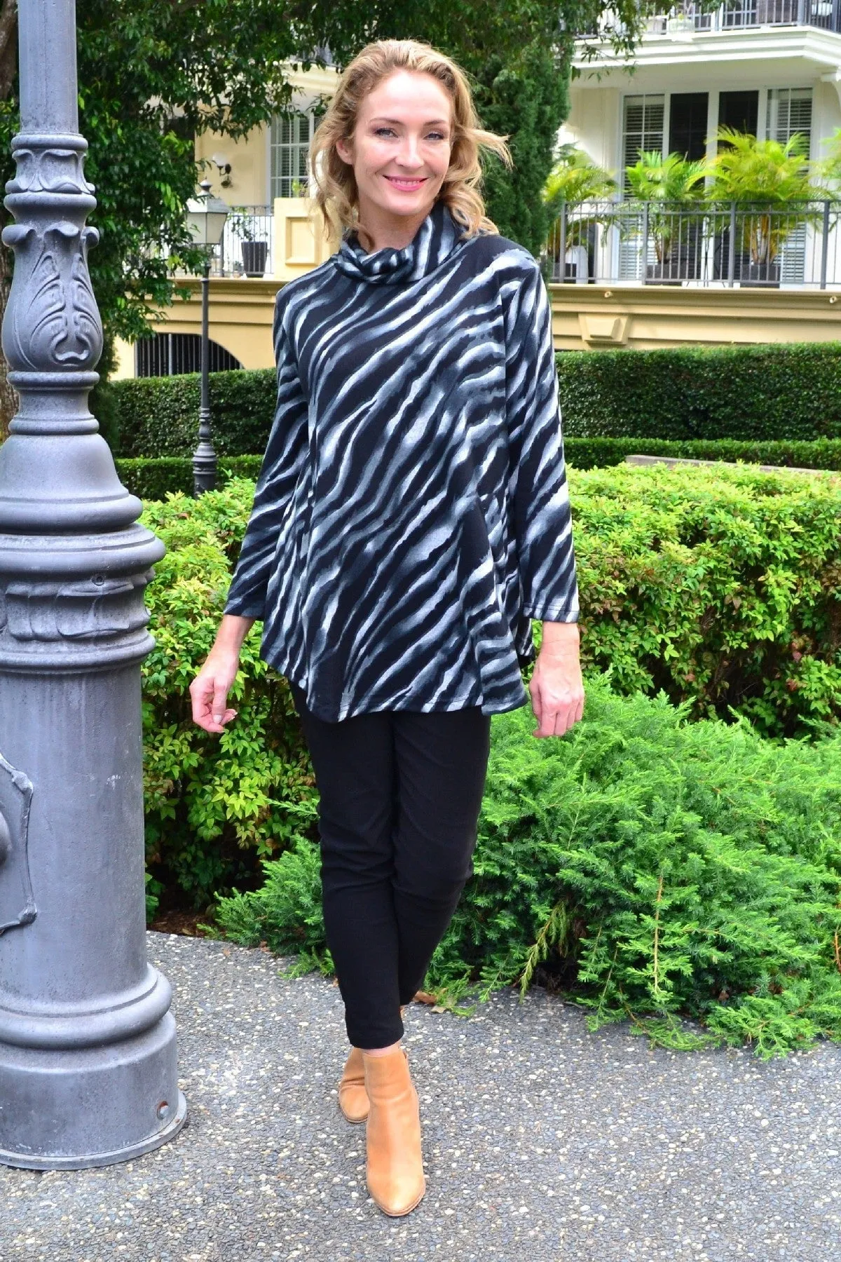 Charcoal Rolled Neck Zebra Tunic Top