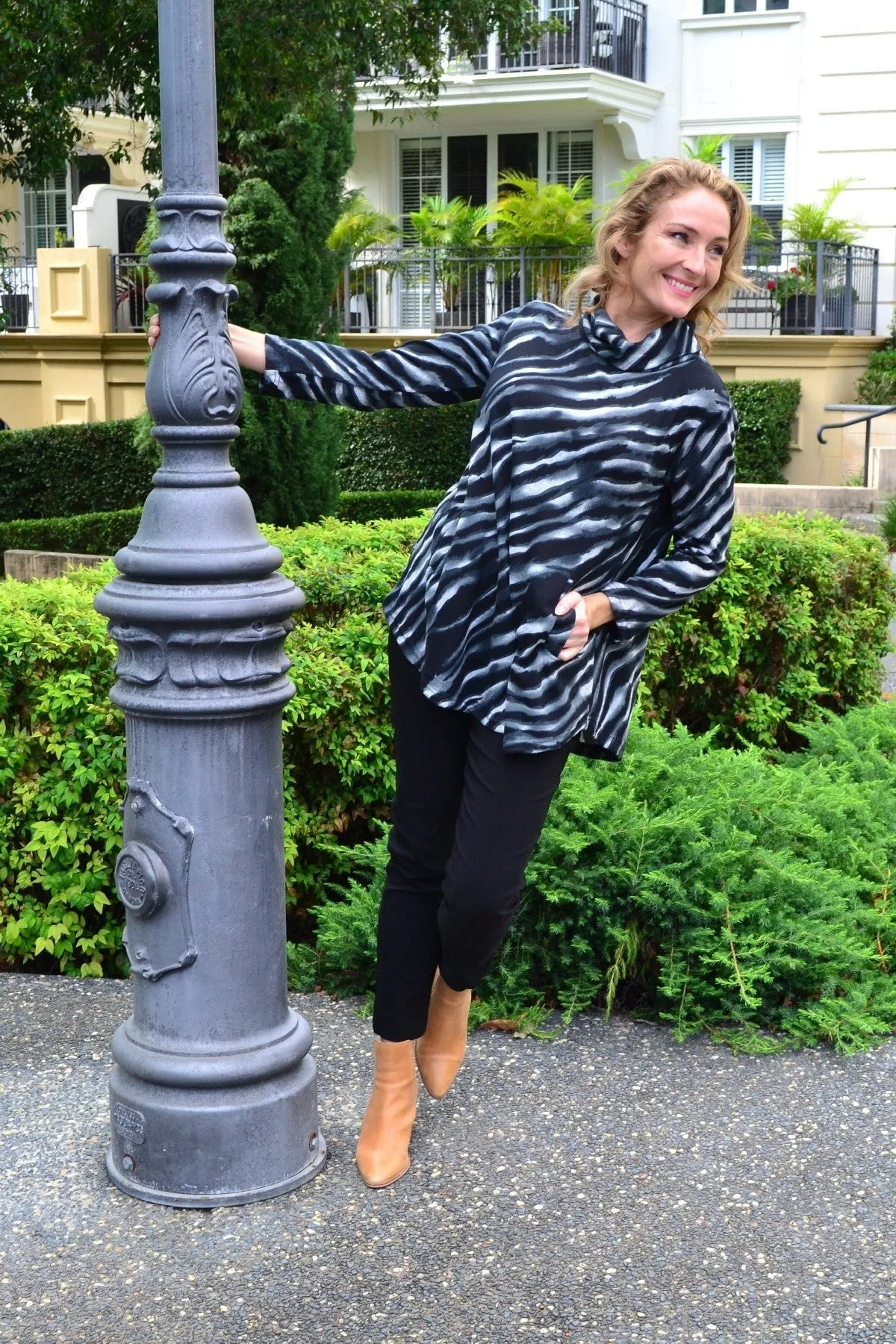 Charcoal Rolled Neck Zebra Tunic Top